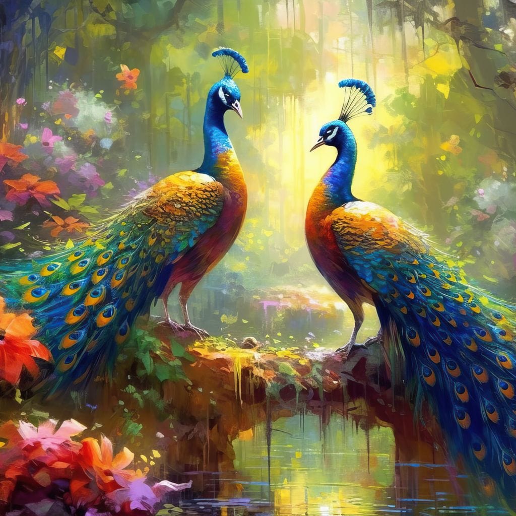 tablou canvas cu doi pauni pe o punte intr-o gradina inflorita