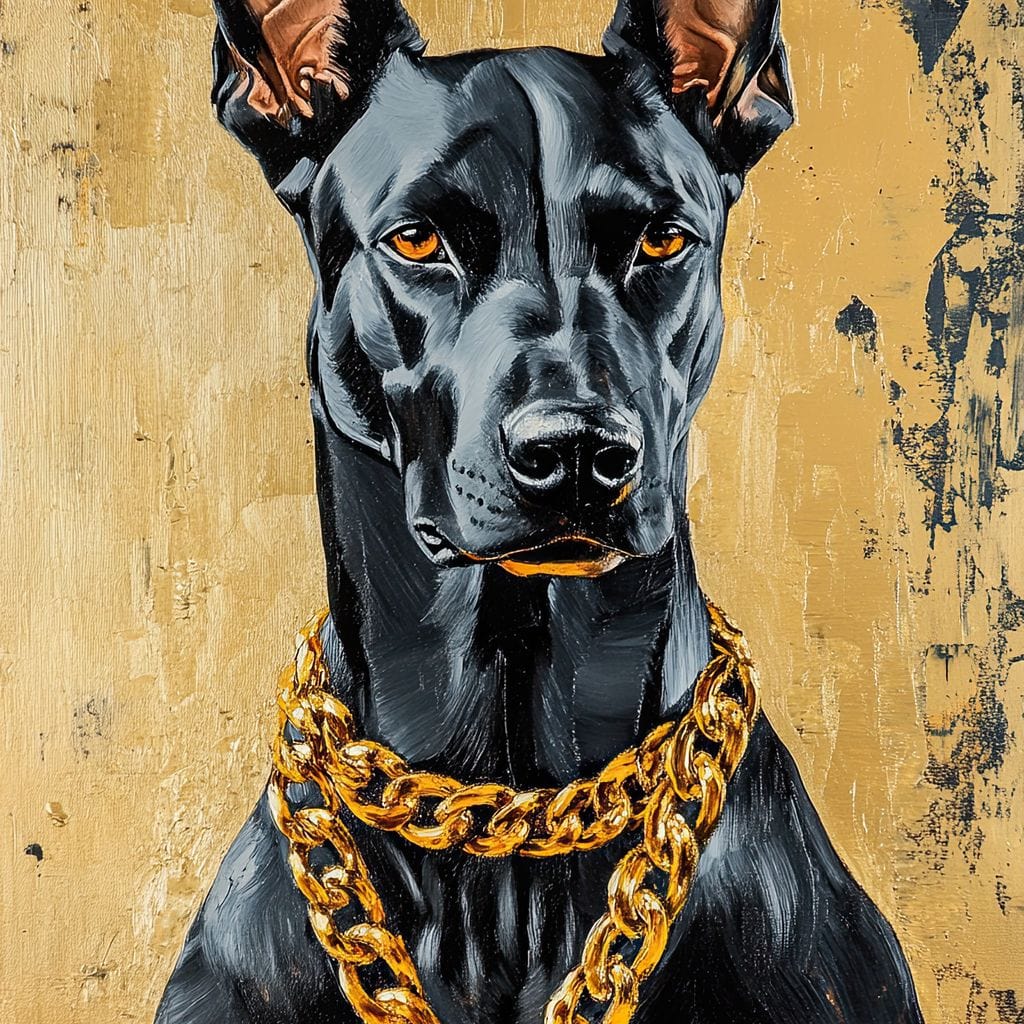 tablou canvas cu un caine doberman negru, purtand un lant de aur, pe fundal texturat in tonuri calde