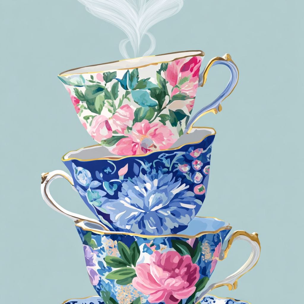 tablou canvas cu trei cesti decorate cu flori si o inima formata din aburi pe fundal albastru pastelat