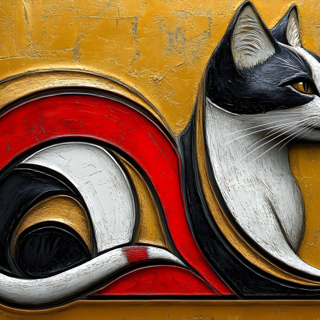 tablou canvas cu o pisica redata in linii curbe abstracte, pe tonuri calde de auriu si rosu