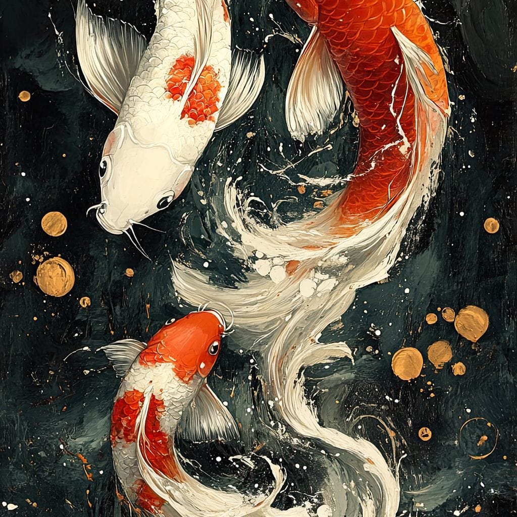 tablou canvas cu trei pesti koi in nuante de alb si portocaliu, pe fundal intunecat cu accente aurii