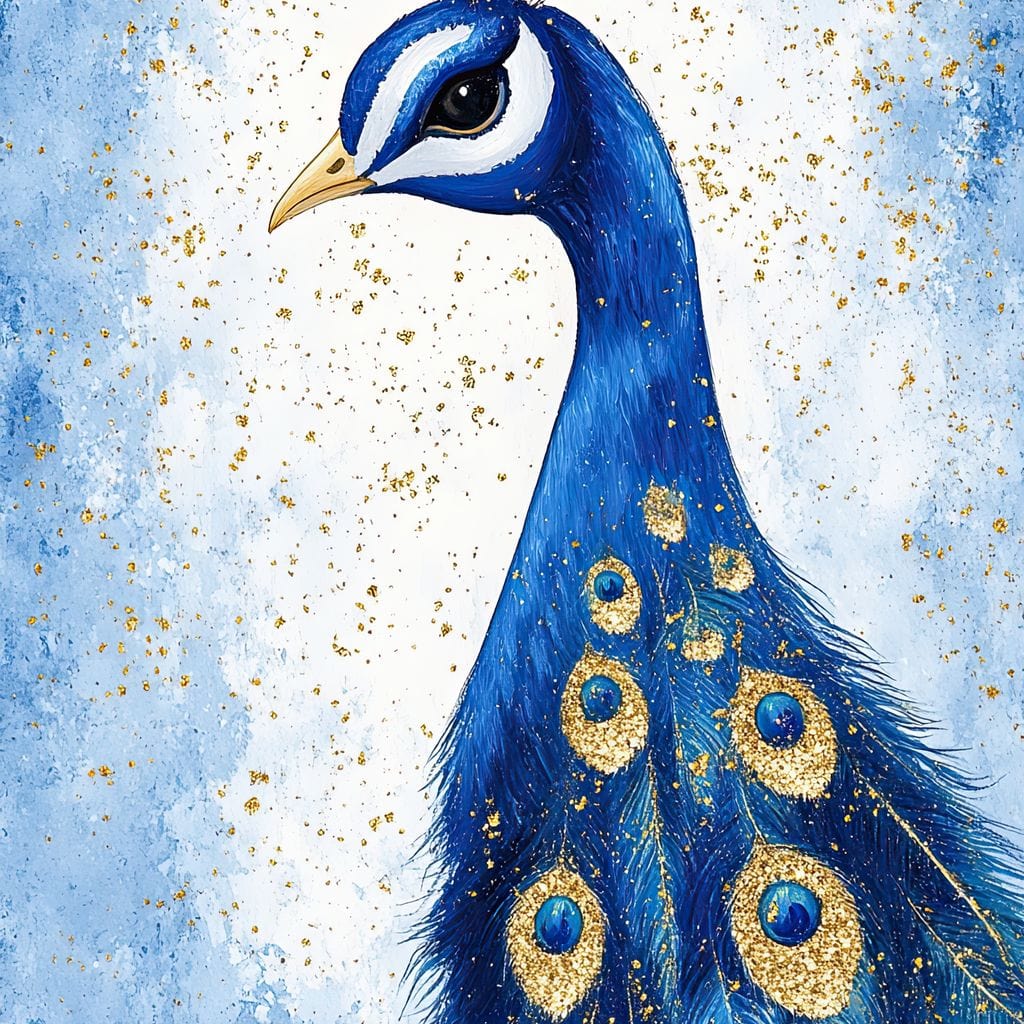 tablou canvas cu un paun albastru regal, decorat cu detalii aurii pe fundal deschis