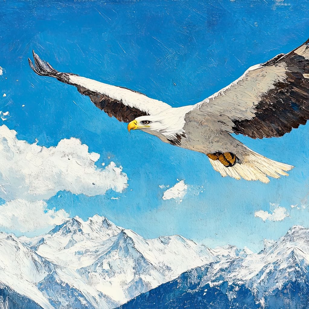 tablou canvas cu un vultur in zbor deasupra muntilor acoperiti de zapada