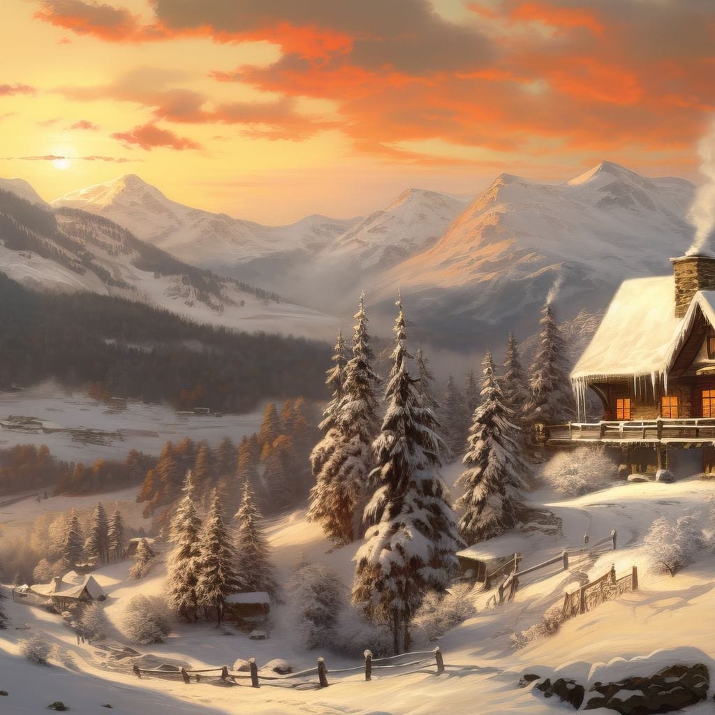 Tablou Canvas Premium LuxCanva® D1007, Rasarit la Cabana din Munti , Plimbare, Iarna, Vacanta, Liniste, Munti, Living Room, Omat, Culori Vibrante