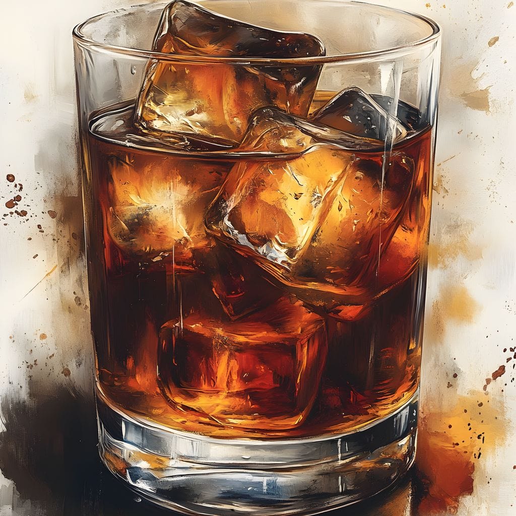 tablou canvas cu un pahar de whiskey cu gheata, pictat in nuante calde pe fundal deschis