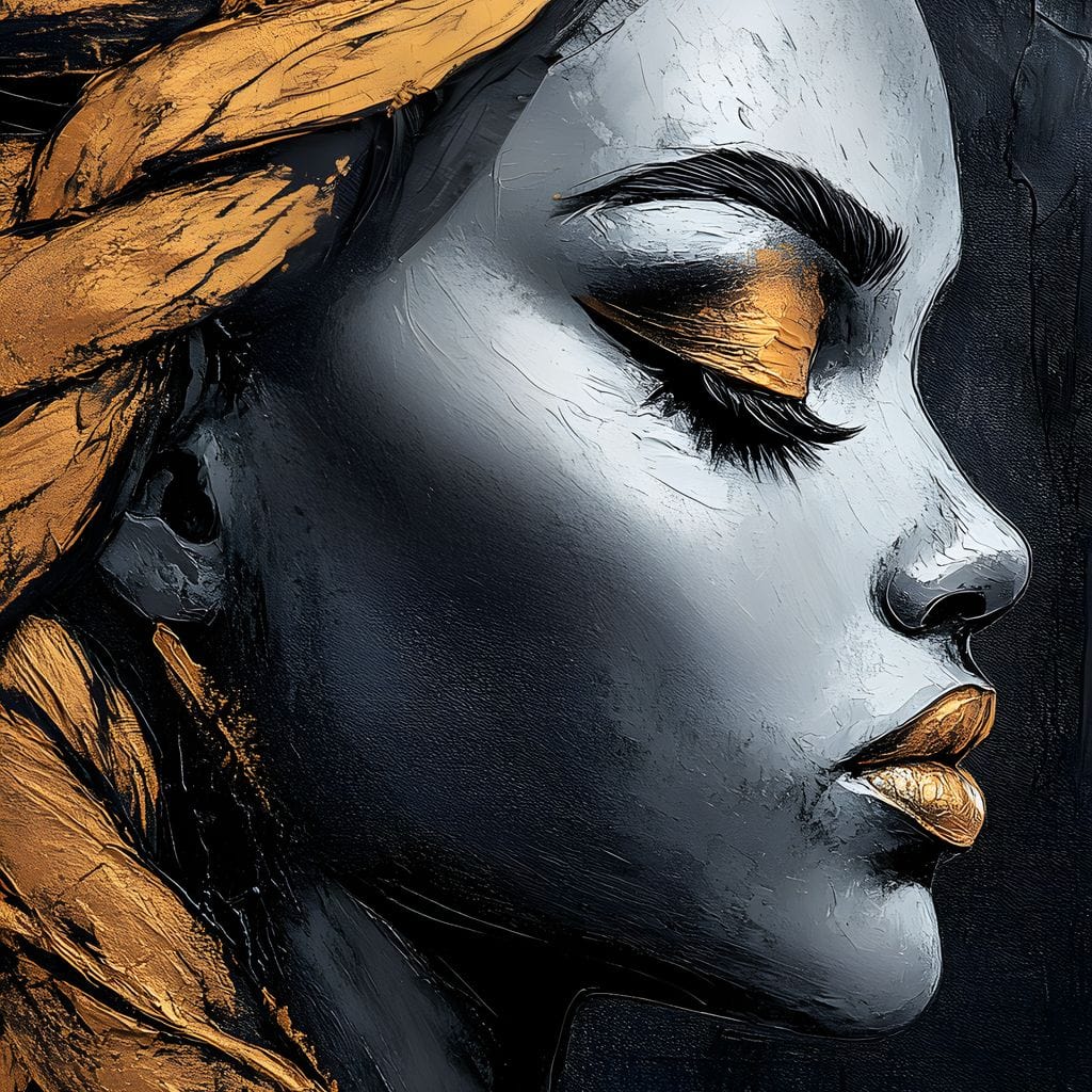 Tablou Canvas Premium, LuxCanva® G1146, Femeia cu Profil de Aur, Arta, Moderna, Pictura, Contemporan, Auriu, Modern, Alb, Negru, Eleganta, Impletitura, Birou, Living