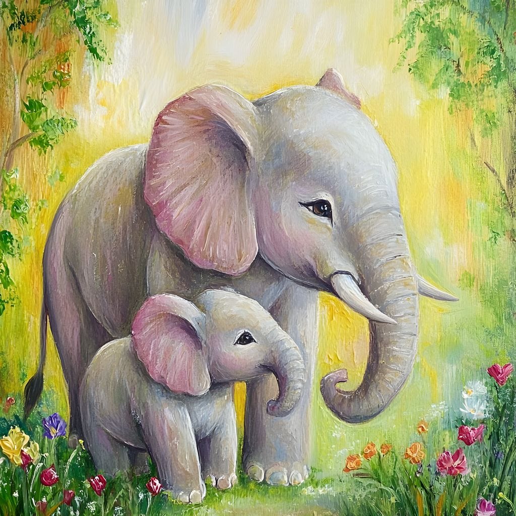 tablou canvas cu doi elefanti, mama si pui, intr-o gradina cu flori multicolore, redat in stil pictura