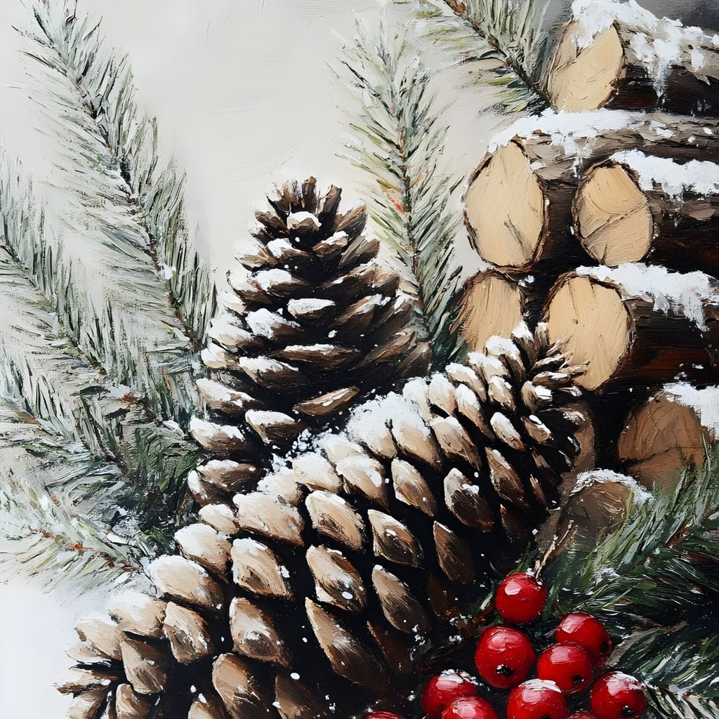 Tablou Canvas Premium, LuxCanva® D1066, Culorile Craciunului, Con, Brad, Bobite, Rosu, Verde, Zapada, Lemn, Crengute, Natura, Rustic, Padure, Craciun, Gheata, Bucurie, Camera Copil, Living, Dormitor