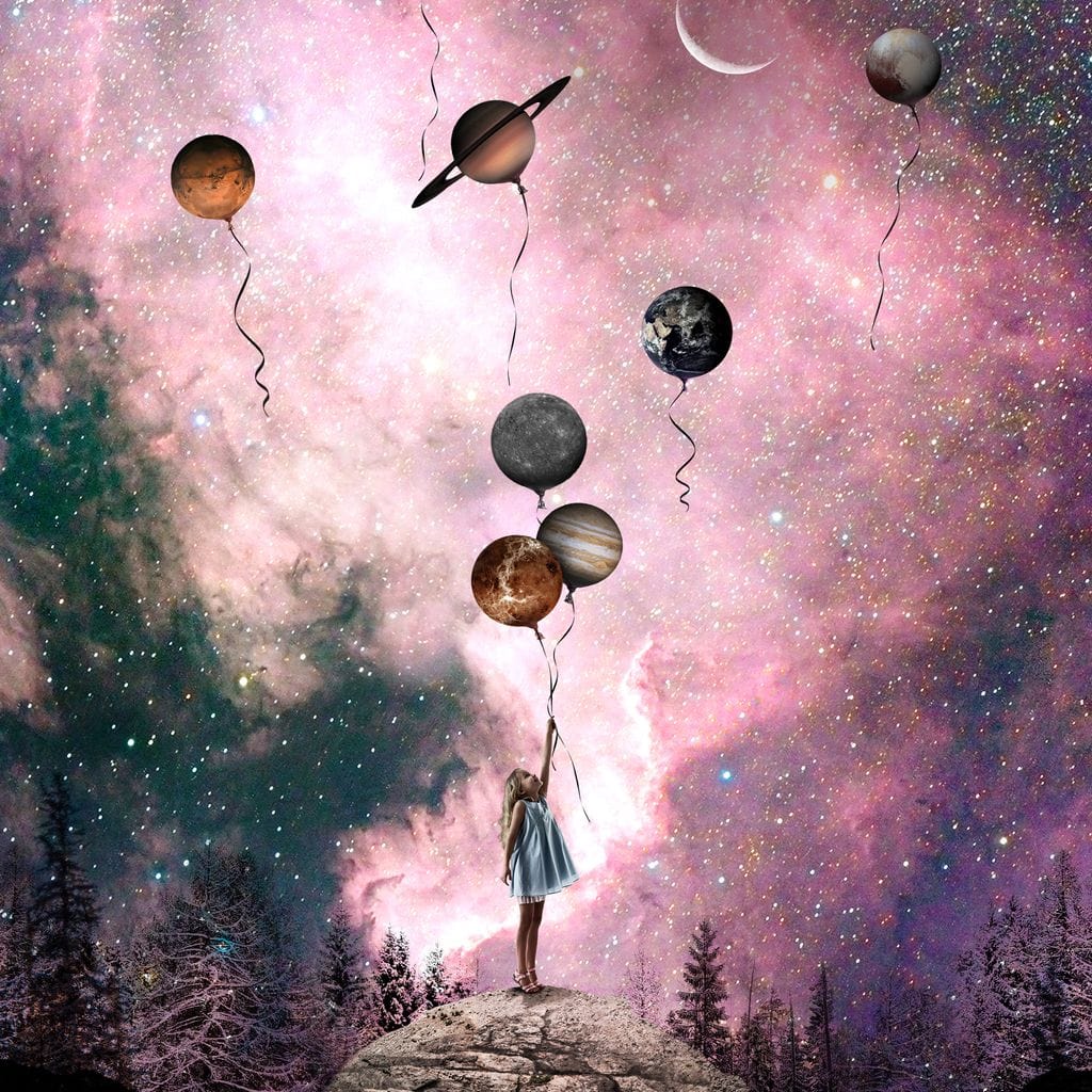 Tablou Canvas Premium, LuxCanva® K1017, Fetita si Planetele,  Univers, Maini, Intinse, Planete, Cosmic, Stele, Ganduri, Dorinte, Emotie, Curaj, Sistem, Solar, Galaxii, Pastel, Camera Copii