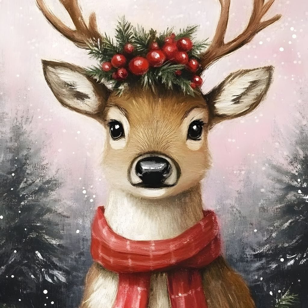 Tablou Canvas Premium, LuxCanva® D1088, Renul cu Coronita, Cornite, Salbatic, Animal, Padure, Fermecat, Fular, Rosu, Mos Craciun, Sanie, Dasher, Vixen, Copii, Horn, Camera Copil, Living, Dormitor