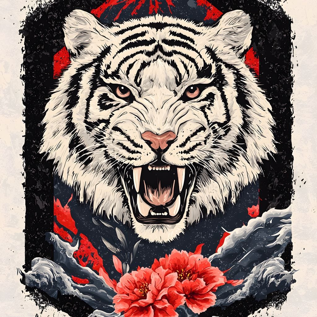 tablou canvas cu un cap de tigru alb, pe fundal abstract deschis, cu un cadru geometric negru cu flori rosii