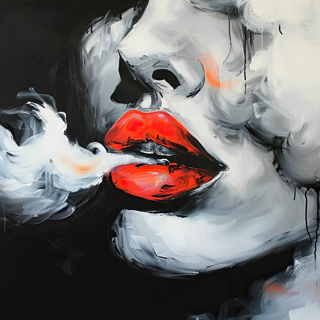 Tablou Canvas Premium, LuxCanva® G1190, Arome Interzise, Buze, Rosu, Fum, Tutun, Tigara, Abur, Pasiune, Bar, Noapte, Catifea, Foc, Seductie, Ceata, Oras, Club, Birou, Living, Dormitor