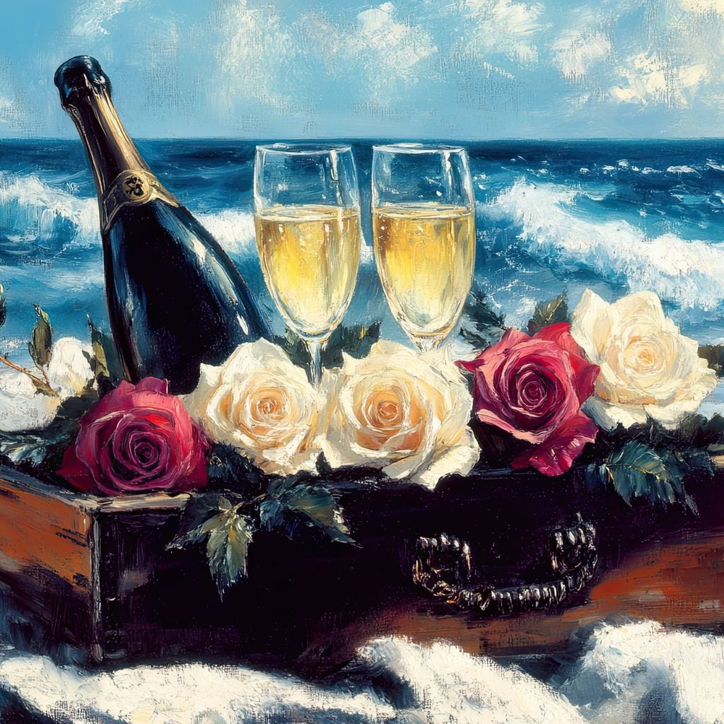 Tablou Canvas Premium LuxCanva® E1052, Sampanie la Tarmul Marii, Valuri, Pahare, Lux, Trandafiri, Exotic, Living Room, Culori vibrante