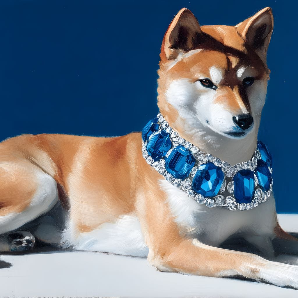 tablou canvas cu un caine shiba elegant, intr-o postura relaxanta purtand un colier cu pietre albastre, pe fundal minimalist albastru si alb