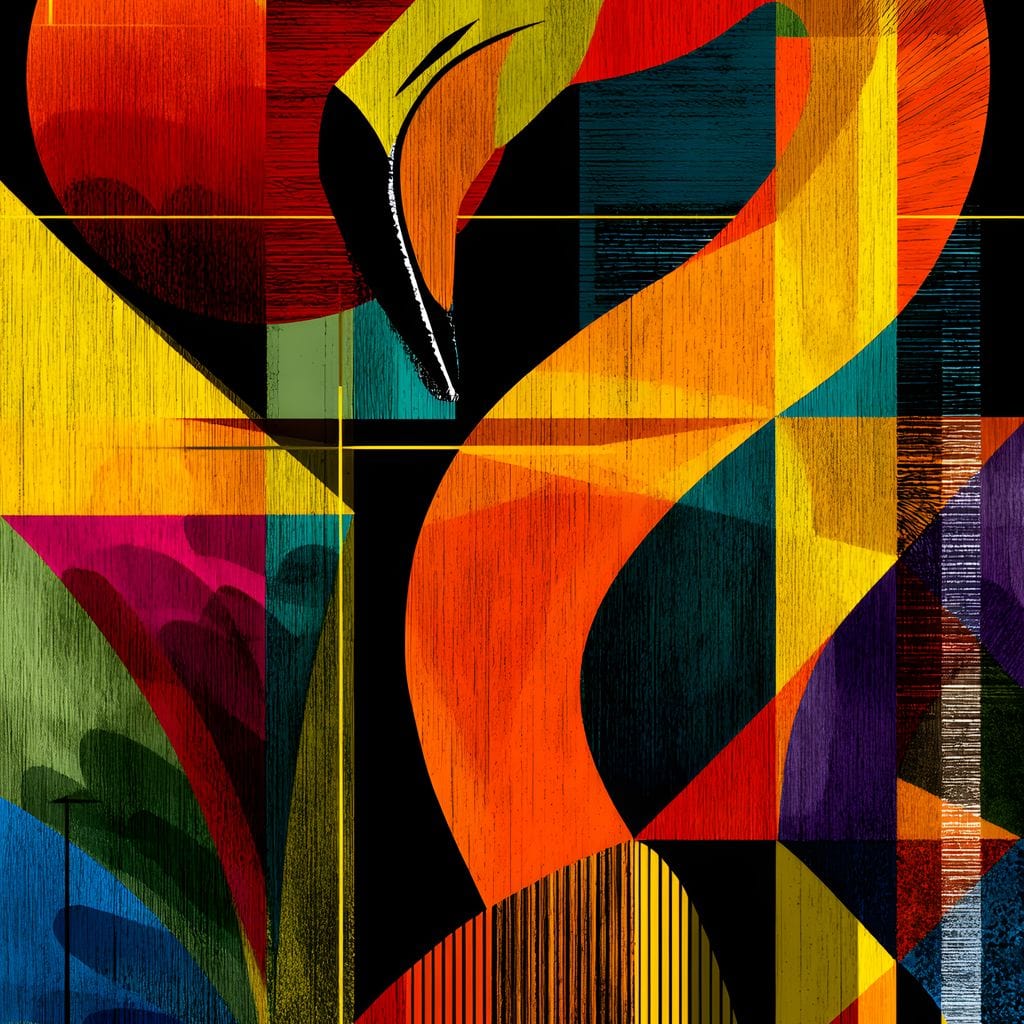 tablou canvas cu un flamingo in culori vibrante si forme abstracte, pe fundal multicolor in compozitie geometrica