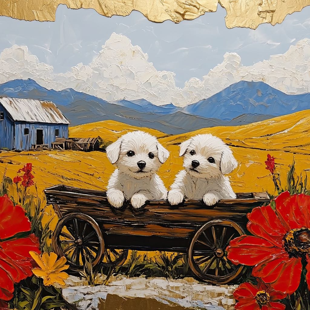 tablou canvas cu doi catelusi albi intr-un caruta de lemn rustica, in mijlocul unui lan auriu de vara, inconjurati de maci rosii si o ferma albastra in departare