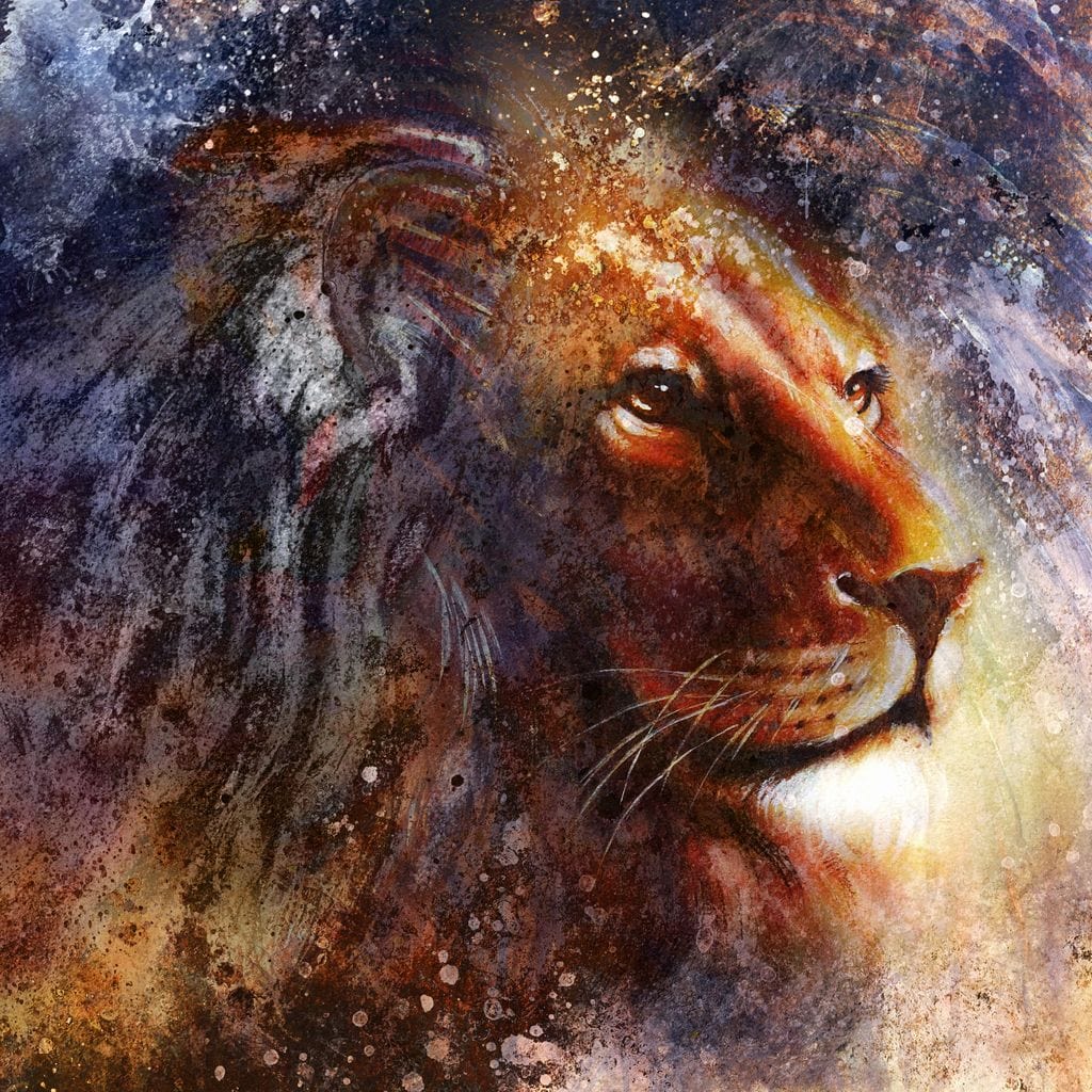 tablou canvas cu un cap de leu pictat in nuante calde si reci, in stil abstract