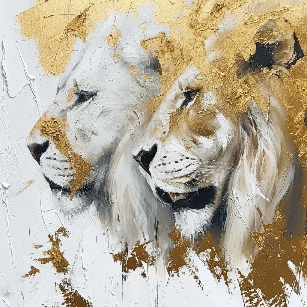 tablou canvas cu un leu si o leoaica pictati in accente aurii pe fundal deschis