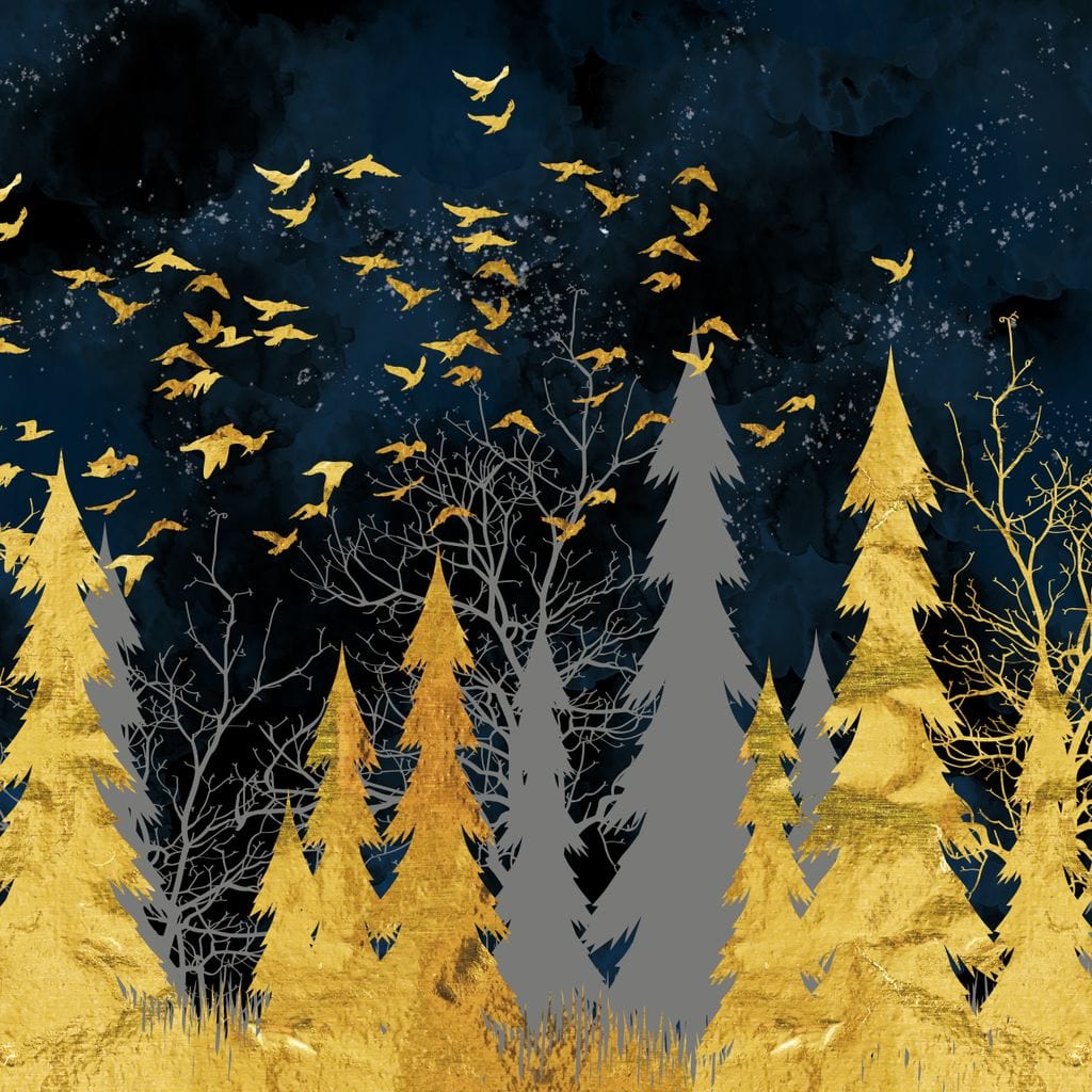 tablou canvas cu un stol de pasari intr-o padure redata in detalii aurii, sub cer instelat si luna plina