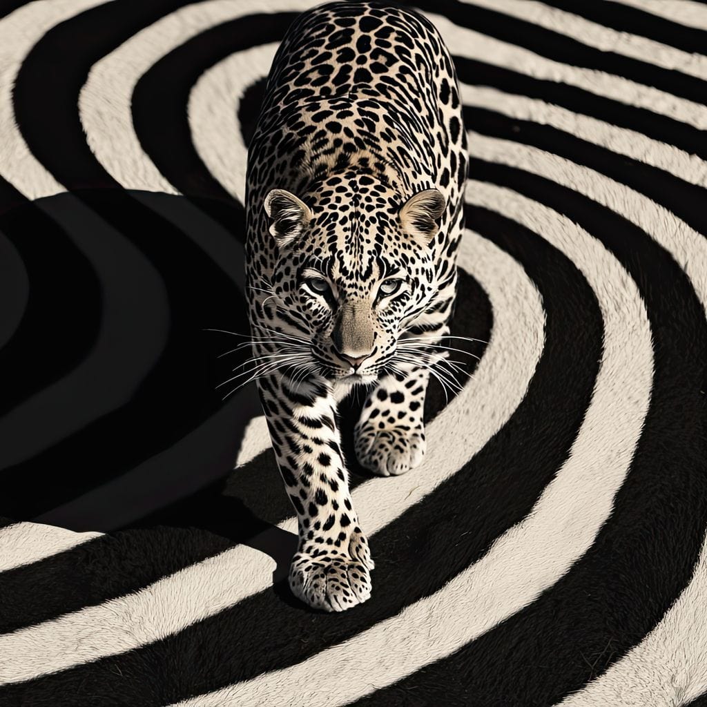 tablou canvas cu un leopard pasind pe un fundal optic alb si negru, cu spirale grafice in stil hipnotic