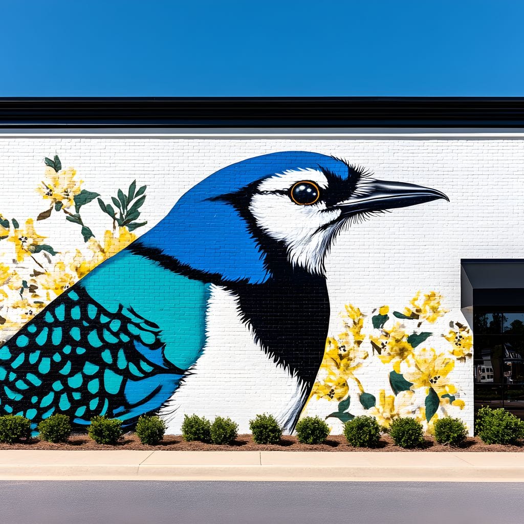 tablou canvas cu o pasare albastra pe peretele alb al unei cladiri, decorat cu flori galbene in stilul unei picturi murale