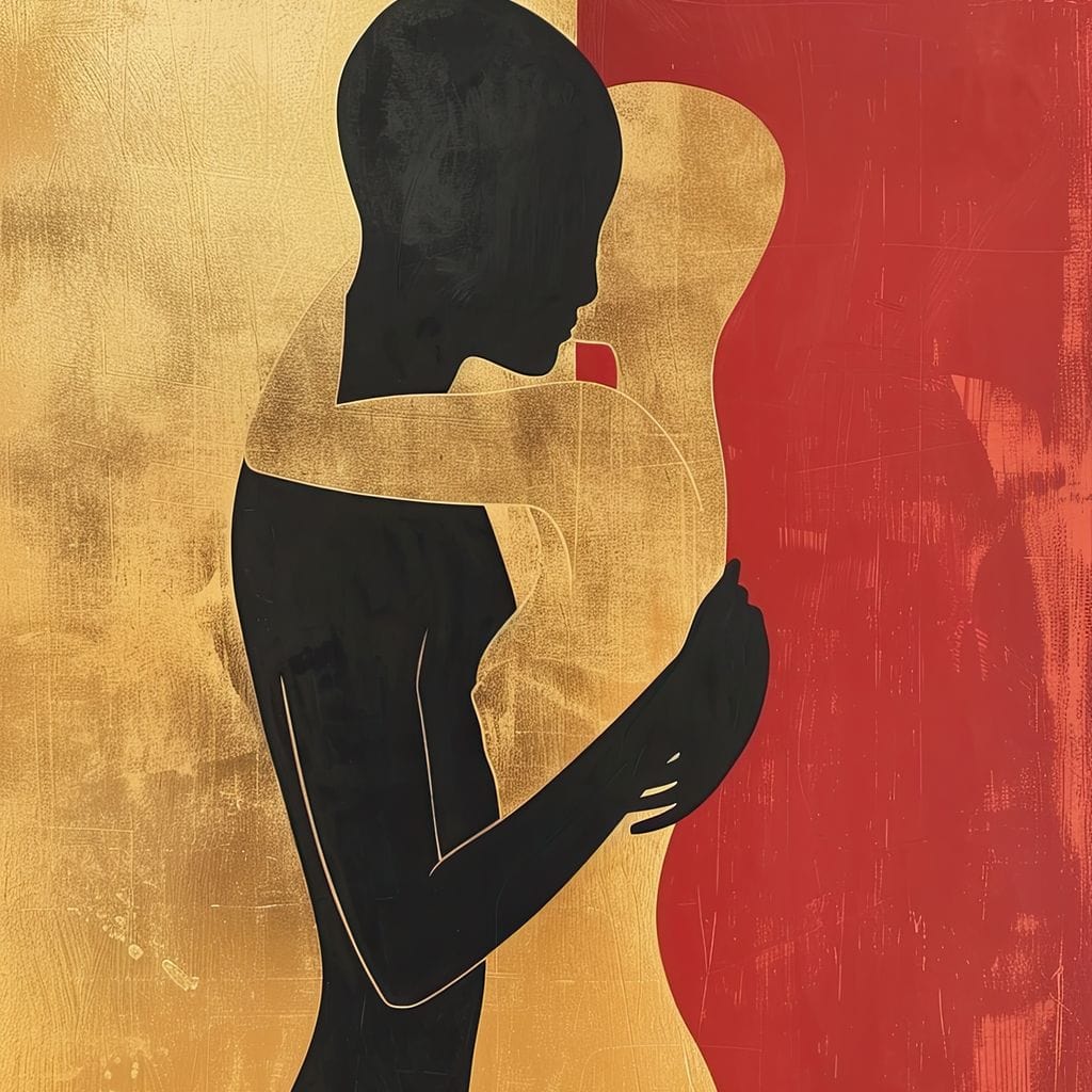 Tablou Canvas Premium LuxCanva® E1006, Imbratisarea Sufletelor, Protectie, Intimitate, Eternitate, Auriu, Negru, Living Room, Culori vibrante