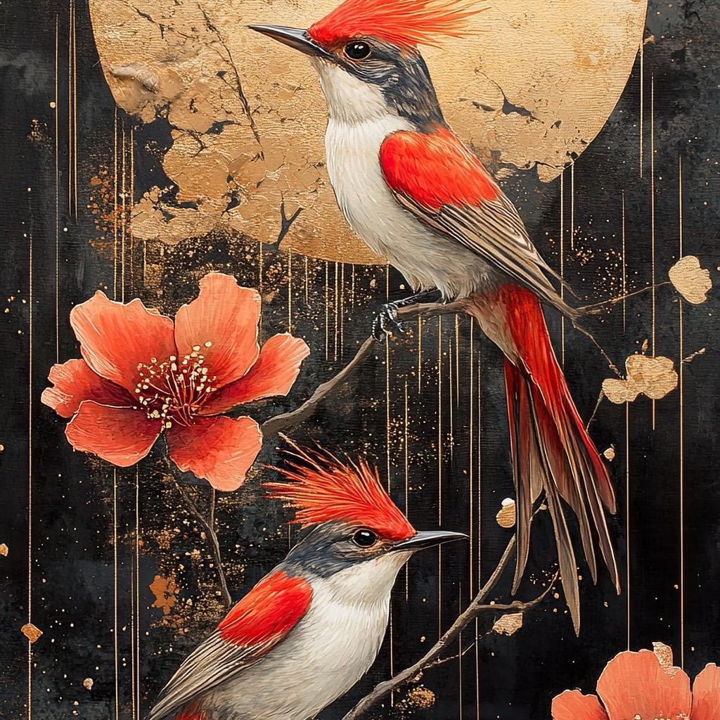 tablou canvas cu doua pasari exotice rosii pe ramuri inflorite, sub lumina aurie a Lunii