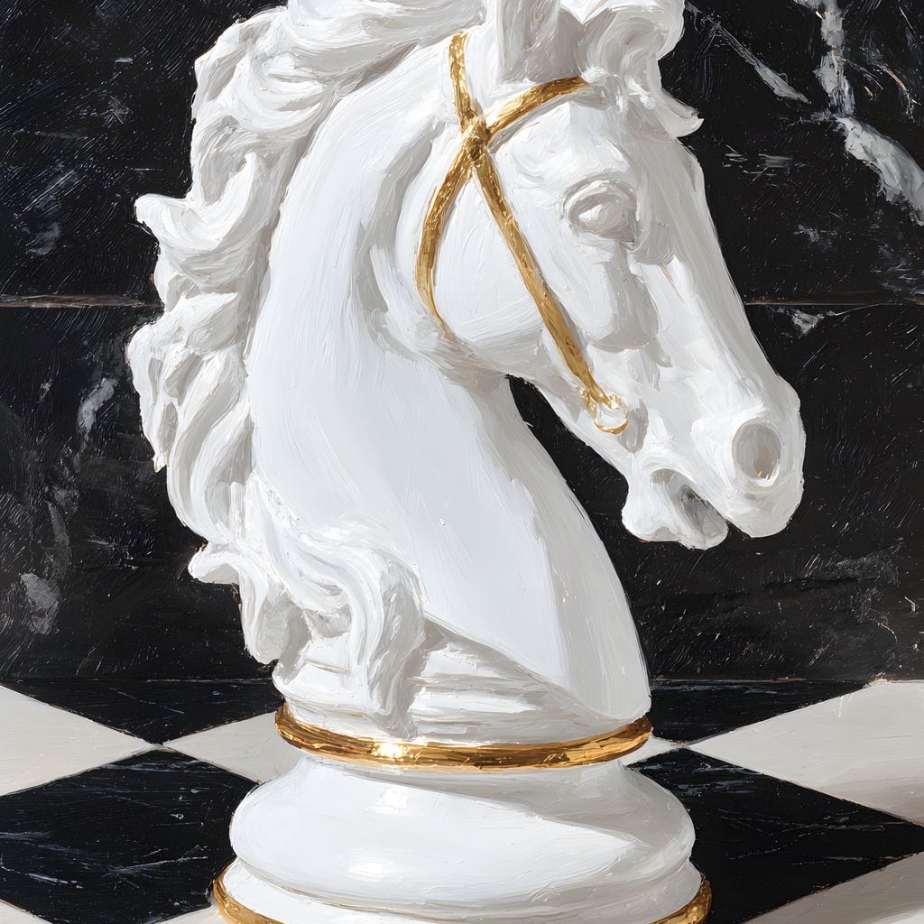 tablou canvas cu o piesa de sah in forma de cal, cu accente aurii pe fundal negru de marmura