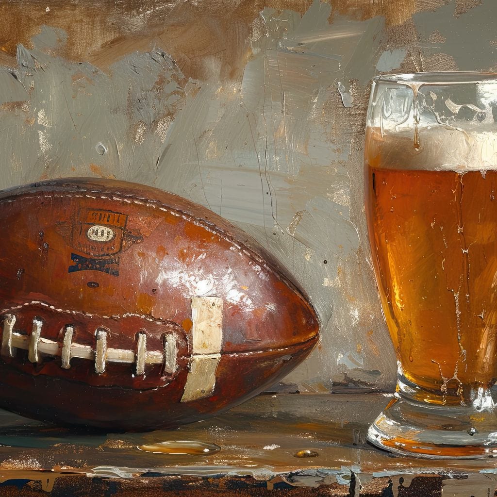 tablou canvas cu un pahar de bere rece cu spuma, langa o minge de fotbal american, pe fundal pictat in stil rustic