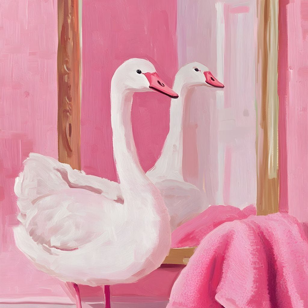 tablou canvas cu o lebada si un prosop roz, privind in oglinda cu margini aurii, pe fundal roz pastelat