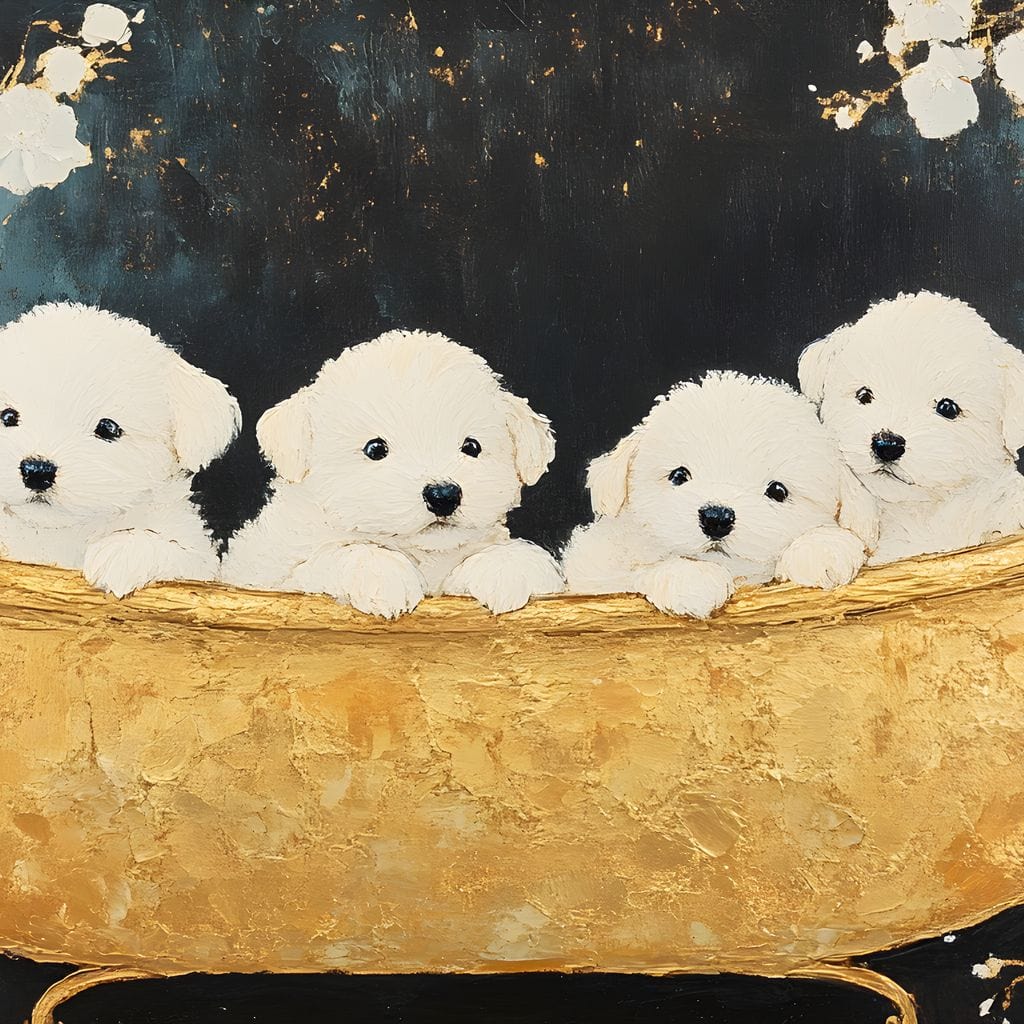 tablou canvas cu patru catelusi albi si pufosi intr-o cada aurie vintage, pe fundal artistic stil marmura cu detalii aurii
