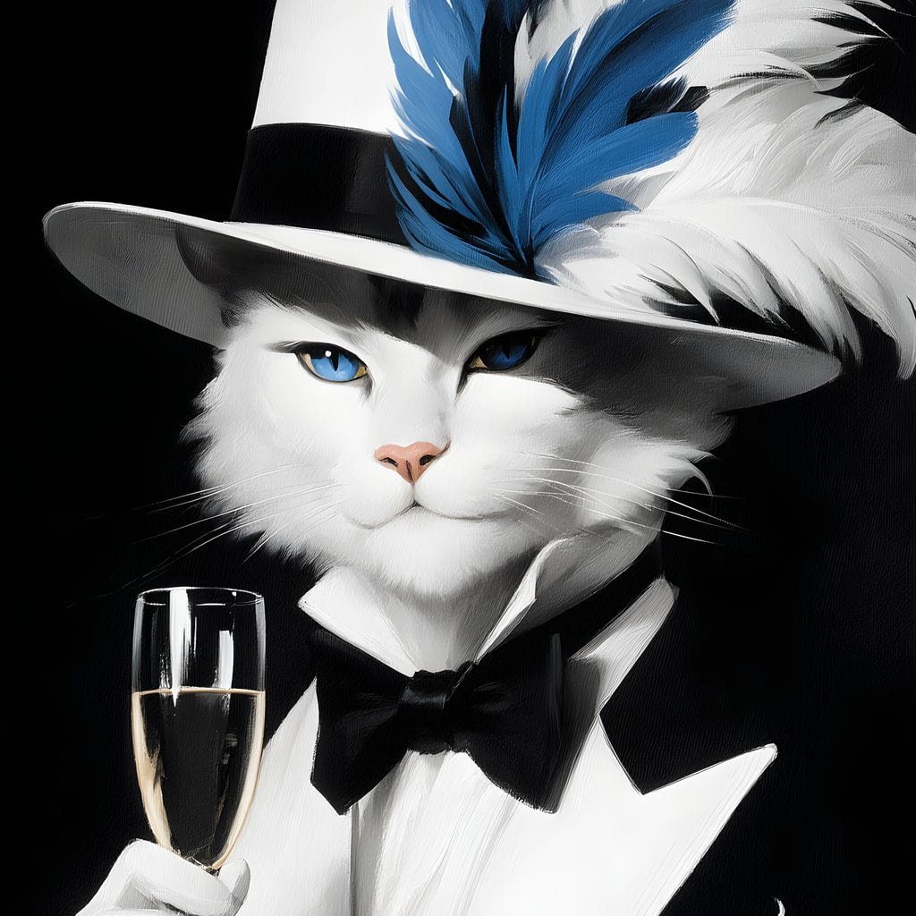 tablou canvas cu o pisica alba aristocrata, in costum cu palarie cu pene si un pahar de sampanie, pe fundal negru