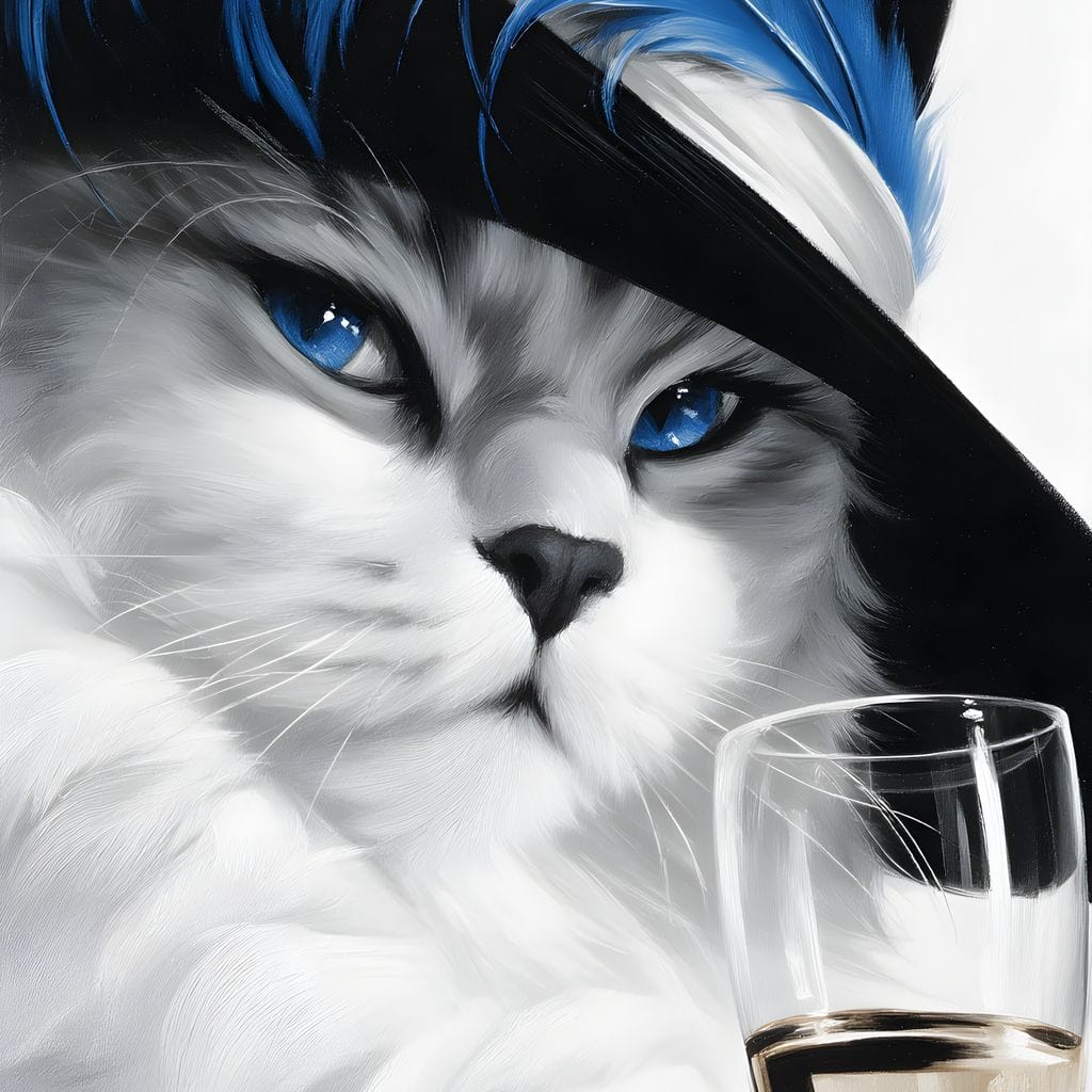 tablou canvas cu un portret de felina alba cu ochi albastri si o palarie neagra cu pene albastre, tinand un pahar de sampanie