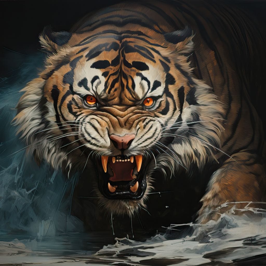 tablou canvas cu un tigru fioros cu ochii rosii si colti ascutiti, pe fundal intunecat