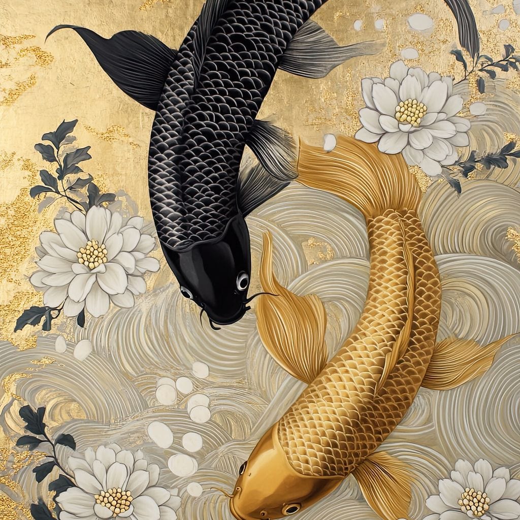 tablou canvas cu doi pesti koi in armonie, redati in auriu si negru, pe fundal oriental inflorat si abstract