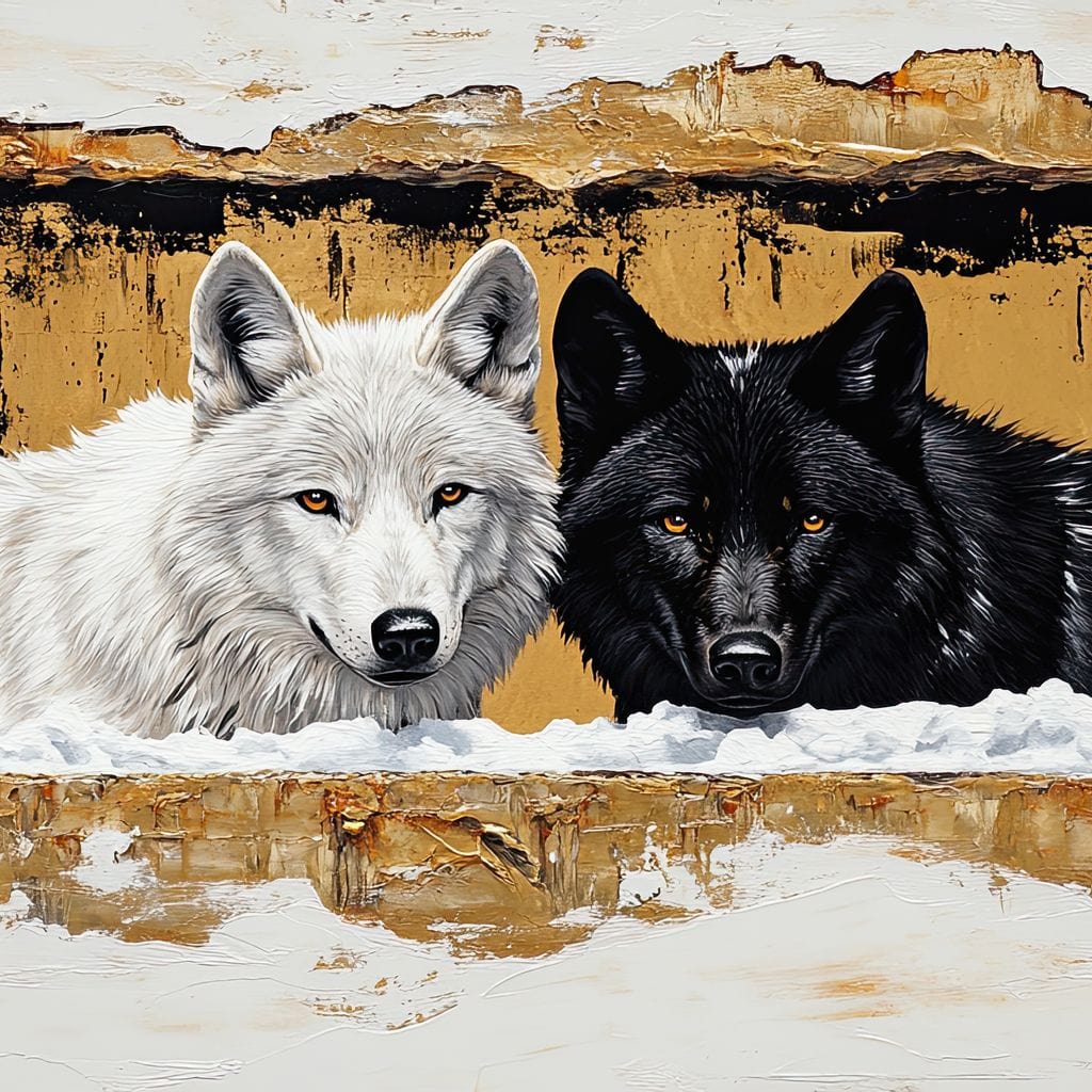 tablou canvas cu un lup alb si unul negru, pe fundal abstract in nuante de negru si auriu