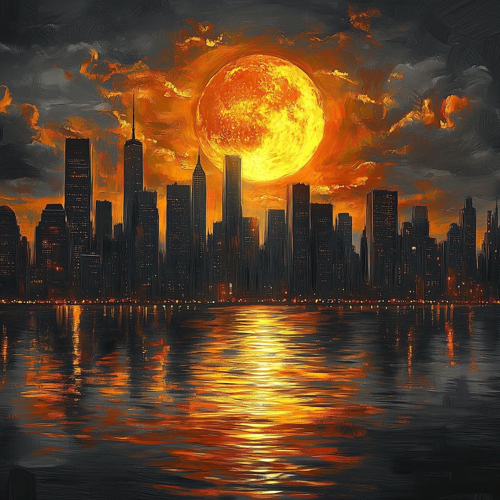 Tablou Canvas Premium, LuxCanva® O1015, Apus Deasupra Metropolei, Apus, Astru, Soare, Flacari, Oras, Cladiri, Zgarie Nori, Cosmic, Apocaliptic, Ancestral, Poveste, Calatorie, Birou, Living, Dormitor