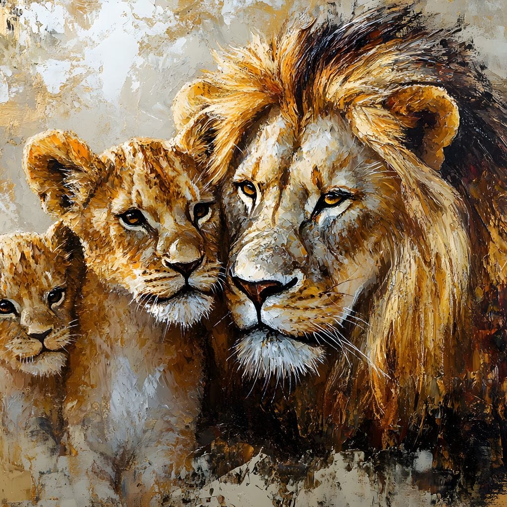 tablou canvas cu o familie de lei redata in nuante calde, pe fundal abstract cu accente aurii