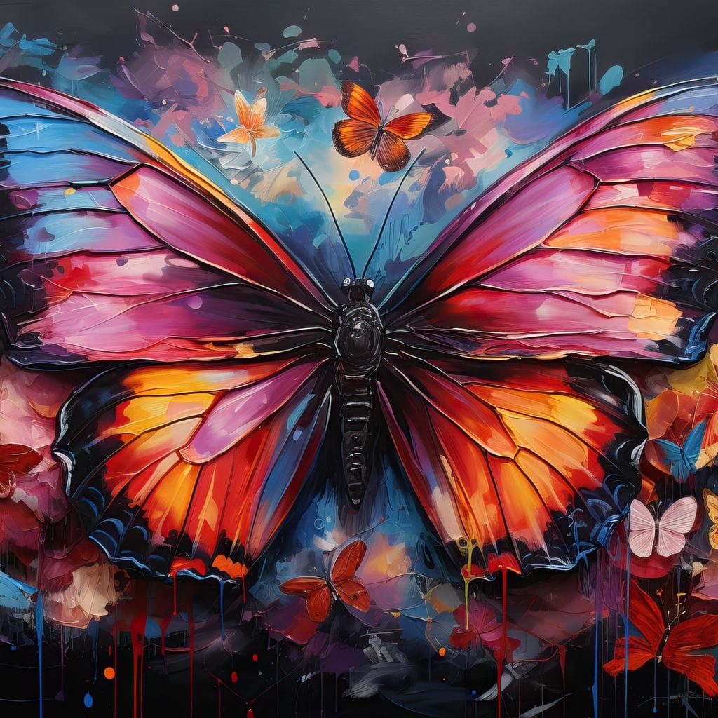 tablou canvas cu un fluture mare multicolor, inconjurat de fluturi mai mici si colorati, pe fundal intunecat cu accente florale