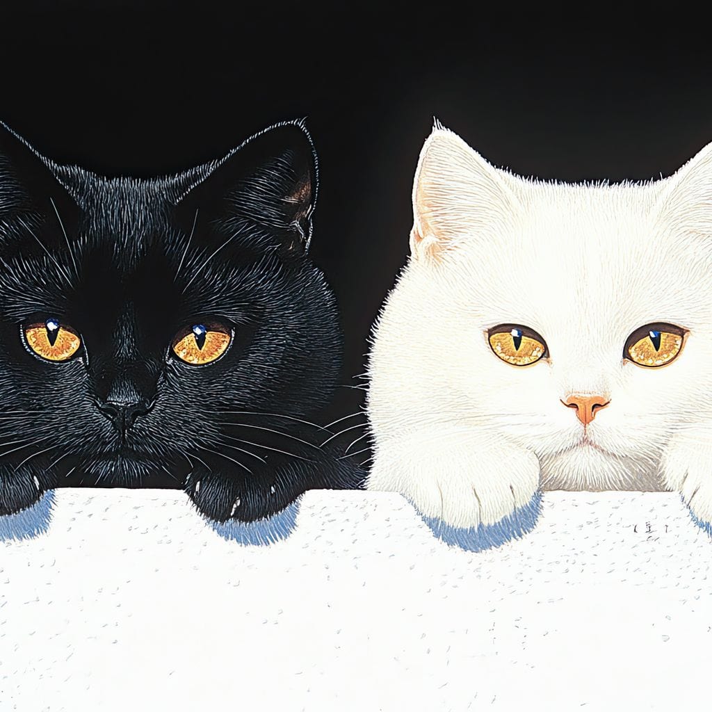 tablou canvas cu o pisica alba si una neagra, ascunse dupa un perete alb pe fundal negru