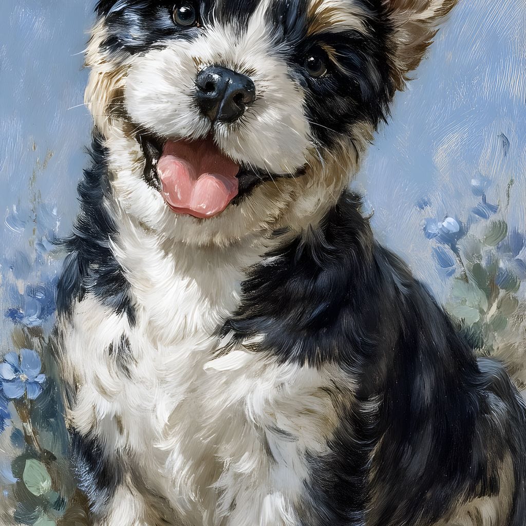 tablou canvas cu un catel zambitor, pictat realist in tonuri de alb si negru, pe fundal albastru deschis cu detalii florale