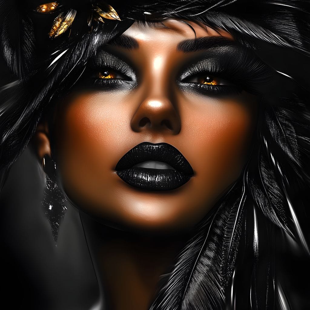 Tablou Canvas Premium, LuxCanva® G1183, Diamantul Negru, Lux, Intunecat, Pene, Negru, Machiaj, Dramatic, Buze, Aur, Arta, Rafinament, Atmosfera, Cinematic, Birou, Living, Dormitor