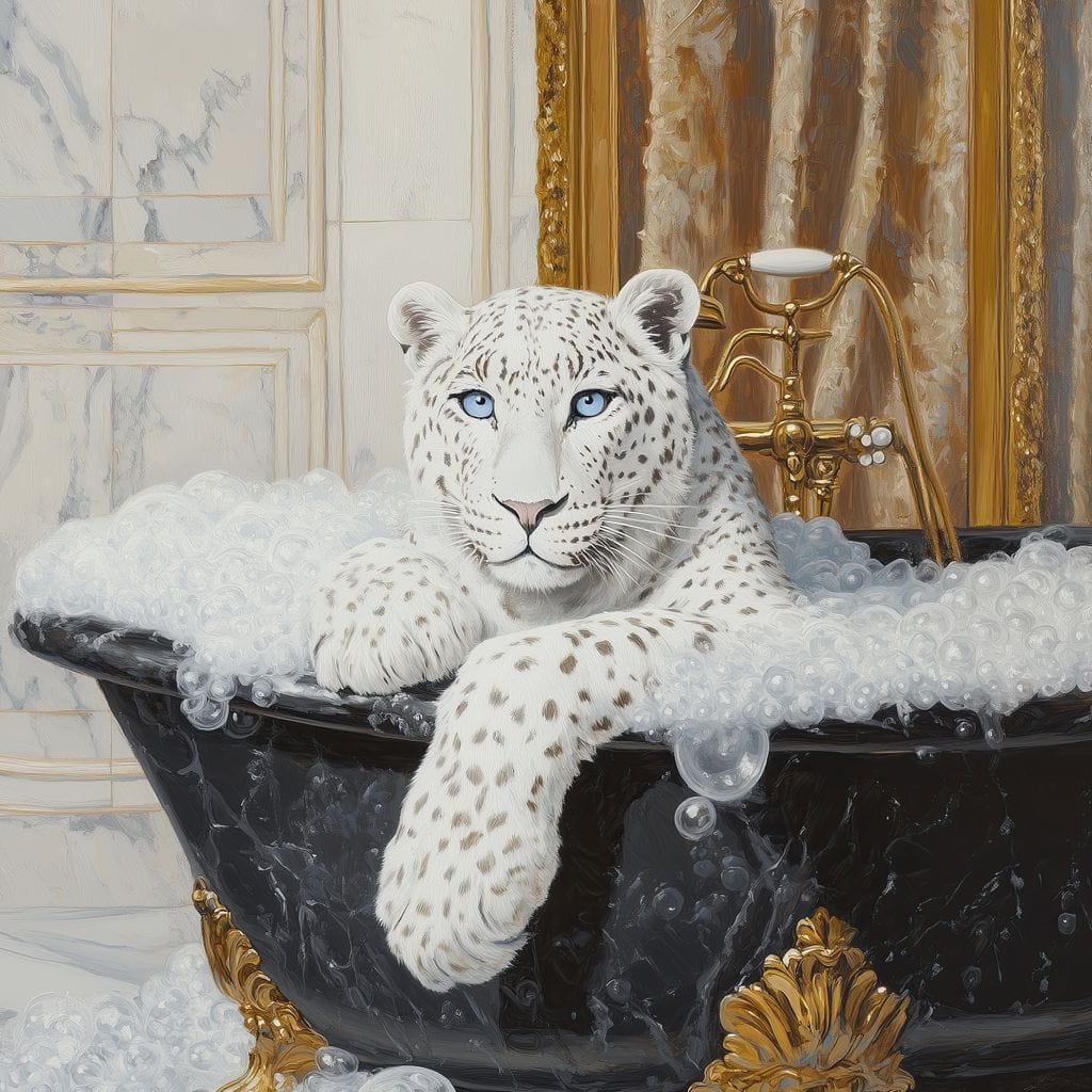 tablou canvas cu un leopard alb intr-o cada neagra vintage cu spuma, pe fundal luxuriant auriu tip marmura