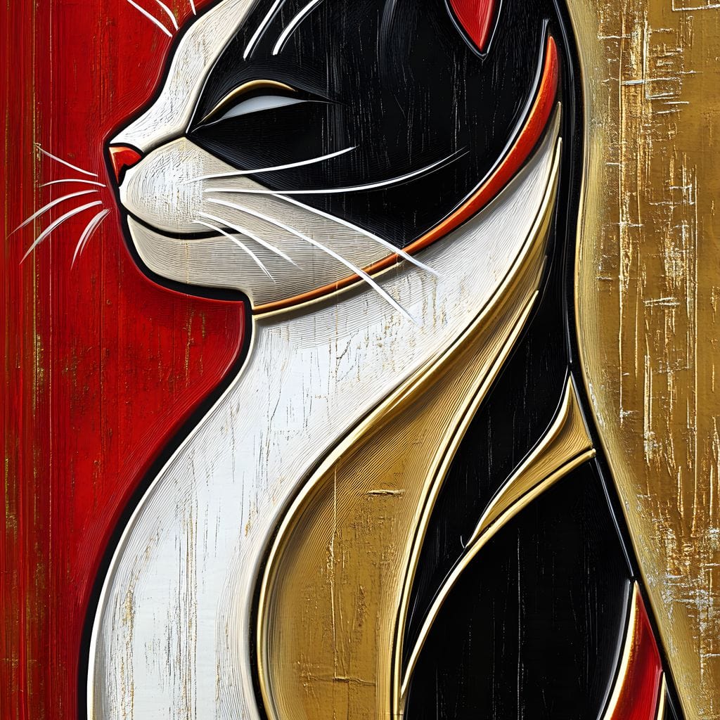 tablou canvas cu portretul elegant al unei pisici, surprinsa din profil in linii abstracte pe tonuri calde de auriu, negru si rosu