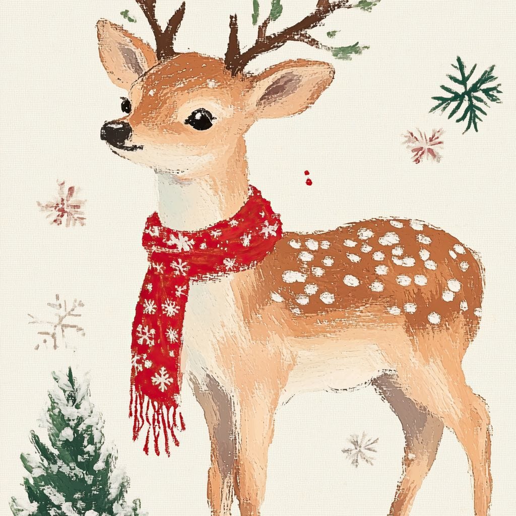 Tablou Canvas Premium LuxCanva® D1049, Povestea Renului cu Fular Rosu ,  Ren, Brad, Fular, Rosu, Zapada, Living Room, Culori vibrante