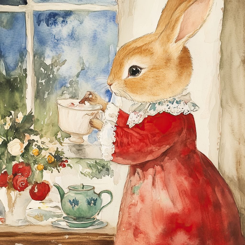 Tablou Canvas Premium LuxCanva® D1047, Iepurasul Rosu si Aroma Ceaiului ,  Iepure, Ceai, Fereastra, Nostalgie, Elegant, Living Room, Culori vibrante