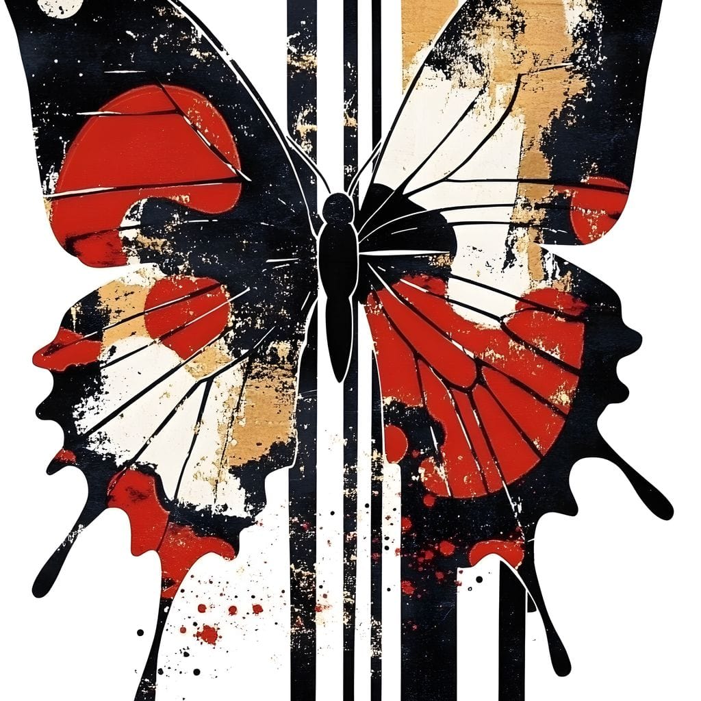 tablou canvas cu un fluture in nuante de negru, rosu si auriu, pe fundal abstract liniar si deschis