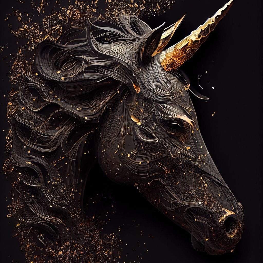 tablou canvas cu un unicorn negru surprins din profil, pe fundal intunecat cu accente aurii