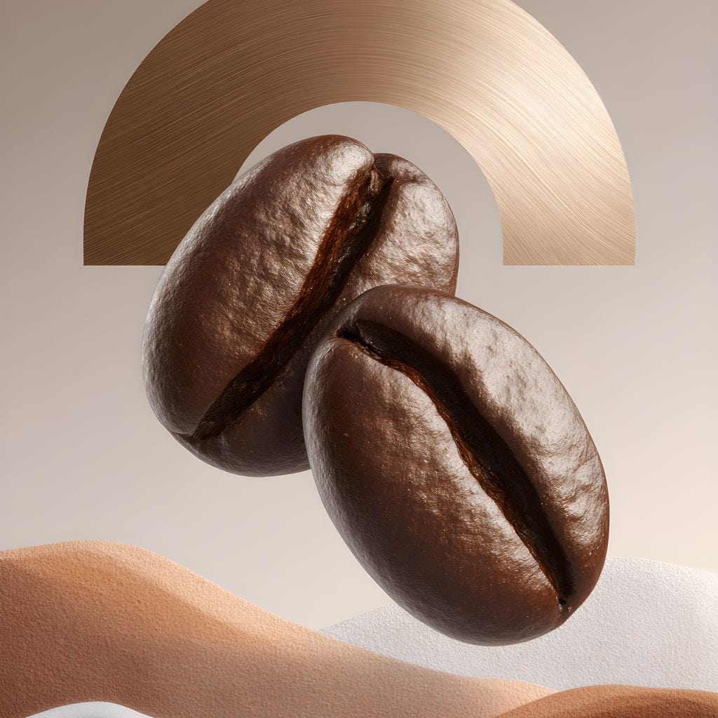 tablou canvas cu doua boabe de cafea, pe fundal abstract deschis, cu nuante calde de maro, auriu si bej