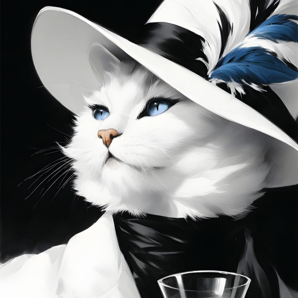 tablou canvas cu o pisica eleganta, in costum cu esarfa si palarie cu pene, tinand un pahar de sampanie, pe fundal negru